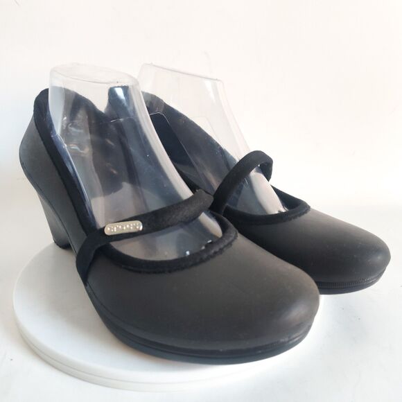 Crocs Mary Jane Heels Size 9 Womens Comfort Shoes Wedge Black Casey Travel Logo - Picture 2 of 10